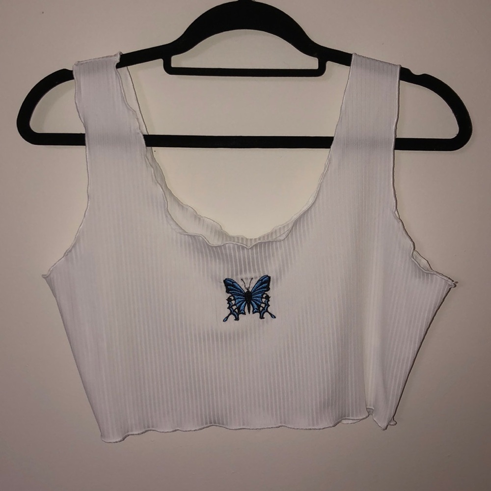 White crop top with butterfly embroidery